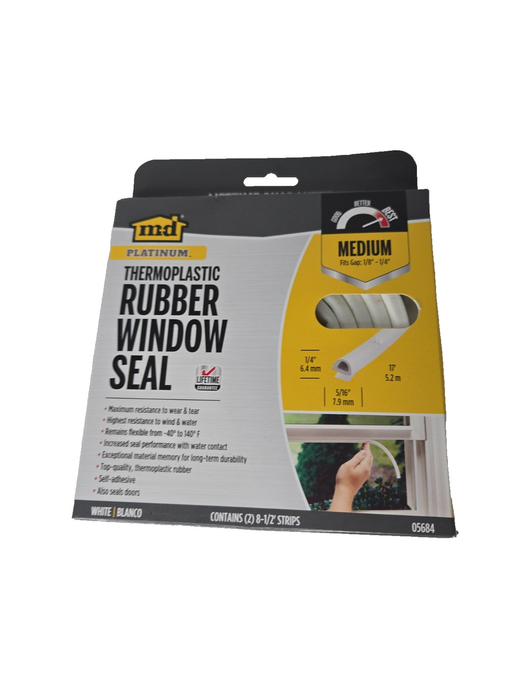 = MD Platinum Thermoplastic Rubber Window Seal Medium White 8-1/2" Strips 05684